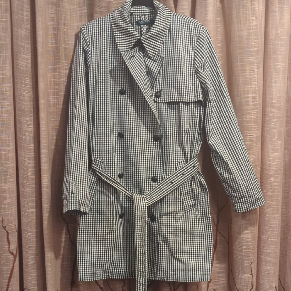 Ralph Lauren Gingham Twill Plaid Twill Double Breasted Rain Coat With Belt